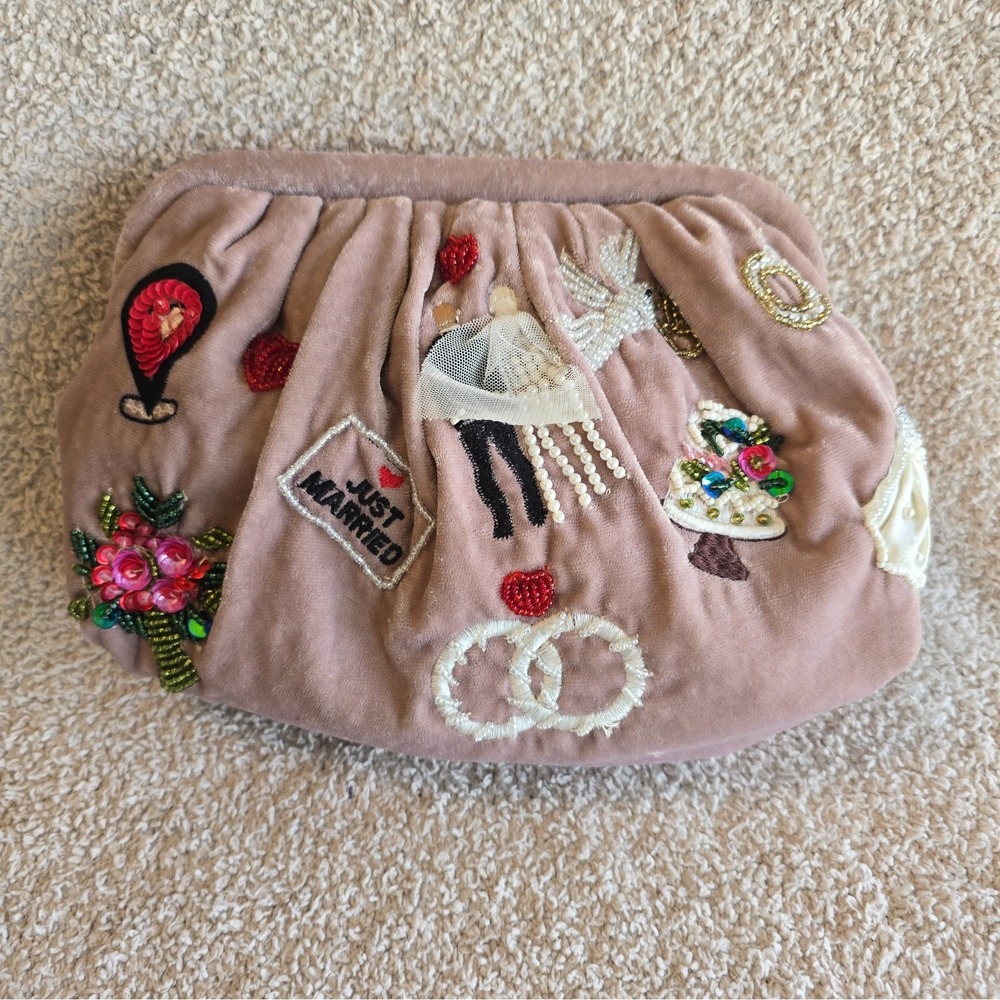 "Just Married" Mauve Velvet Beaded Sequin Rhinestone Clutch Purse Or Crossbody - Picture 2 of 16